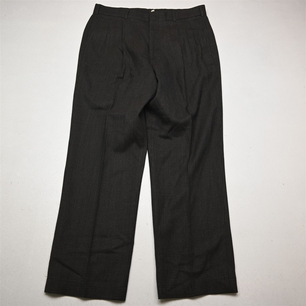 Vtg USA Made 32x30 Brown Houndstooth 100% Wool Flannel Pleated Baggy Mens Pants